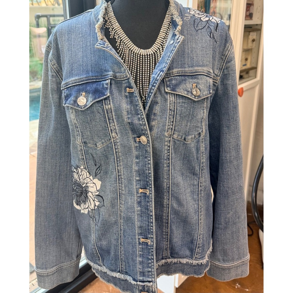 Chico's Size 3 Denim Jacket Floral Embroidered Frayed Hem Blue